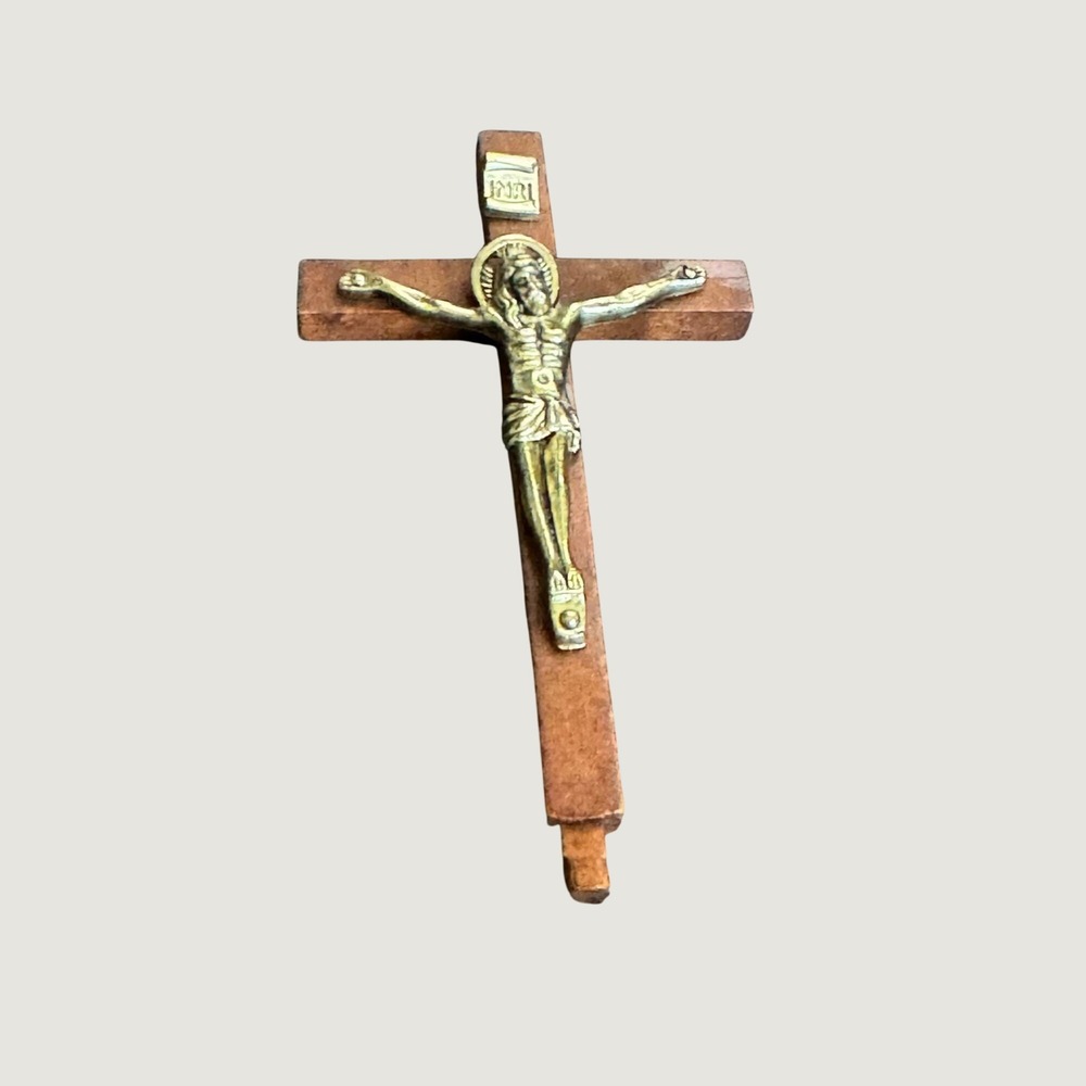 Vintage Wood and Brass Cross Crucifix Jesus INRI 4"